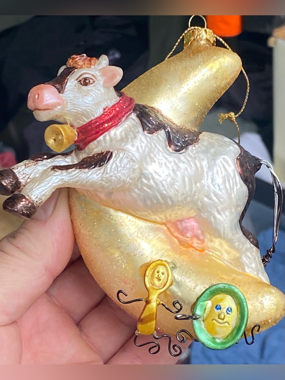 Robert Stanley Cow Christmas Blown Glass Ornament Jumping Over The Moon VTG Xmas